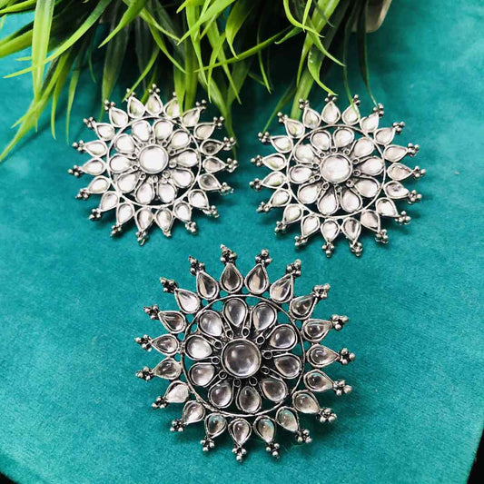 LARQ JEWELS Oxidised Silver Adjustable Ring and Stud Earrings Jewelry Set Combo