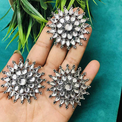 LARQ JEWELS Oxidised Silver Adjustable Ring and Stud Earrings Jewelry Set Combo