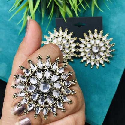 LARQ JEWELS Oxidised Silver Adjustable Ring and Stud Earrings Jewelry Set Golden Combo