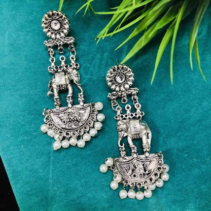 LARQ JEWELS German Oxidised silver Elephant Stylish Silver Color Metal Stud Jhumka