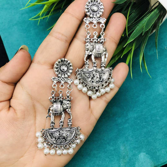 LARQ JEWELS German Oxidised silver Elephant Stylish Silver Color Metal Stud Jhumka