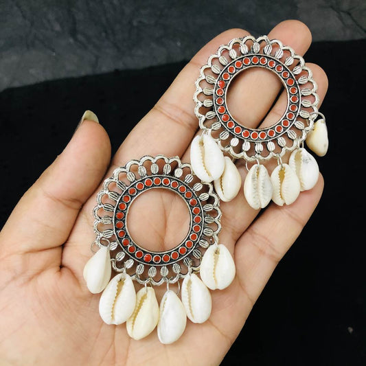 LARQ JEWELS Oxidized Silver Style Handicraft Artificial Sea Shell Hoop Earrings for Women- Red