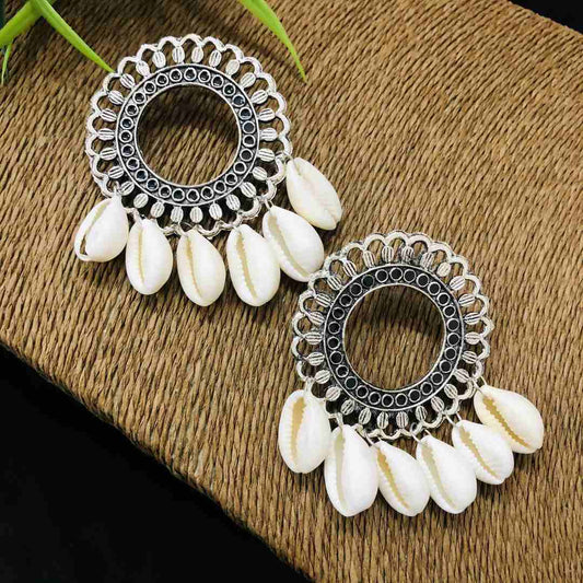 LARQ JEWELS Oxidized Silver Style Handicraft Artificial Sea Shell Hoop Earrings for Women- Black
