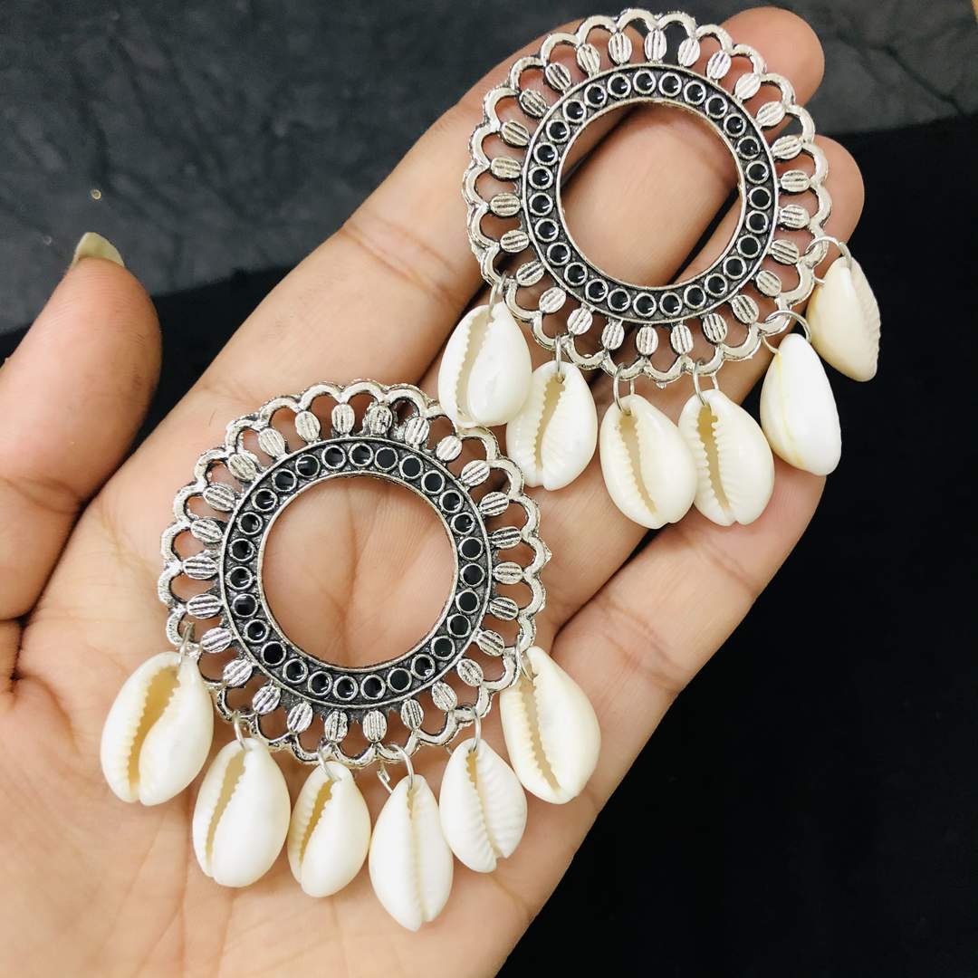 LARQ JEWELS Oxidized Silver Style Handicraft Artificial Sea Shell Hoop Earrings for Women- Black