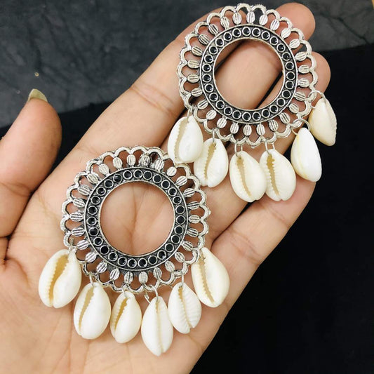 LARQ JEWELS Oxidized Silver Style Handicraft Artificial Sea Shell Hoop Earrings for Women- Black