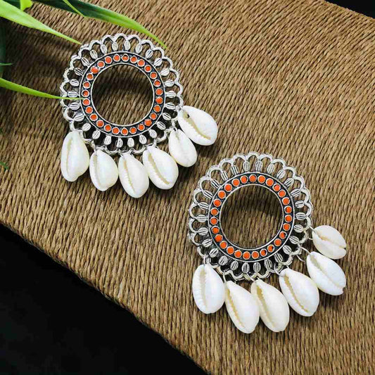LARQ JEWELS Oxidized Silver Style Handicraft Artificial Sea Shell Hoop Earrings for Women- Orange
