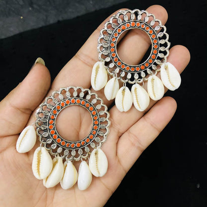LARQ JEWELS Oxidized Silver Style Handicraft Artificial Sea Shell Hoop Earrings for Women- Orange