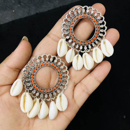 LARQ JEWELS Oxidized Silver Style Handicraft Artificial Sea Shell Hoop Earrings for Women- Orange