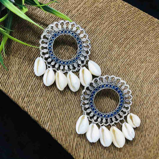 LARQ JEWELS Oxidized Silver Style Handicraft Artificial Sea Shell Hoop Earrings for Women- Blue
