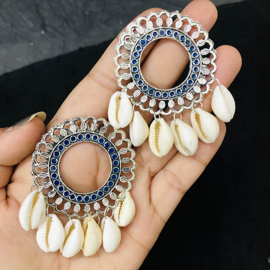 LARQ JEWELS Oxidized Silver Style Handicraft Artificial Sea Shell Hoop Earrings for Women- Blue