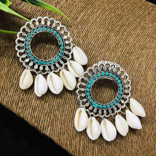 LARQ JEWELS Oxidized Silver Style Handicraft Artificial Sea Shell Hoop Earrings for Women- Cian