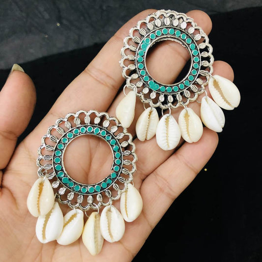LARQ JEWELS Oxidized Silver Style Handicraft Artificial Sea Shell Hoop Earrings for Women- Cian
