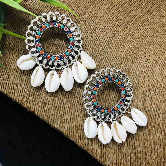 LARQ JEWELS Oxidized Silver Style Handicraft Artificial Sea Shell Hoop Earrings for Women- Multicolor