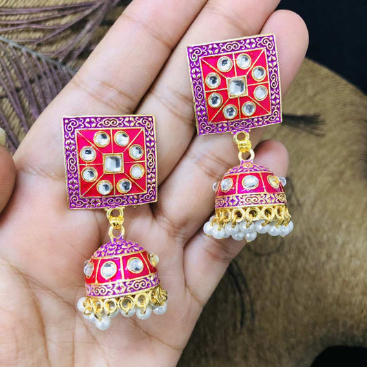LARQ JEWELS PINK COLOR Gold Plated Brass Handmade Meena Work Jhumka