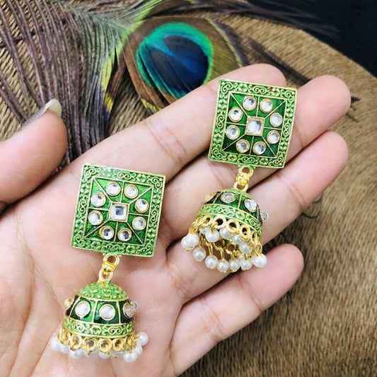 LARQ JEWELS GREEN COLOR Gold Plated Brass Handmade Meena Work Jhumka