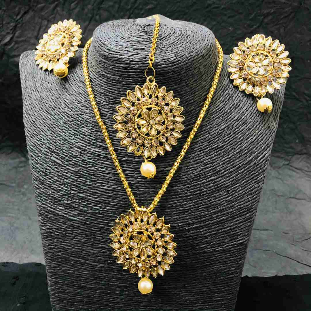 LARQ JEWELS Gold Plated Traditional Kundan Pearl Earring Set with Maang Tikka for Women