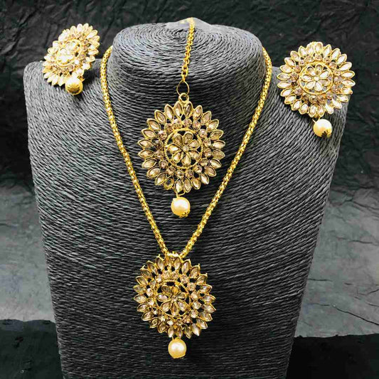 LARQ JEWELS Gold Plated Traditional Kundan Pearl Earring Set with Maang Tikka for Women