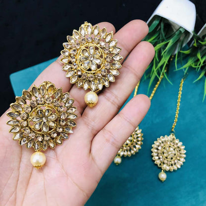 LARQ JEWELS Gold Plated Traditional Kundan Pearl Earring Set with Maang Tikka for Women
