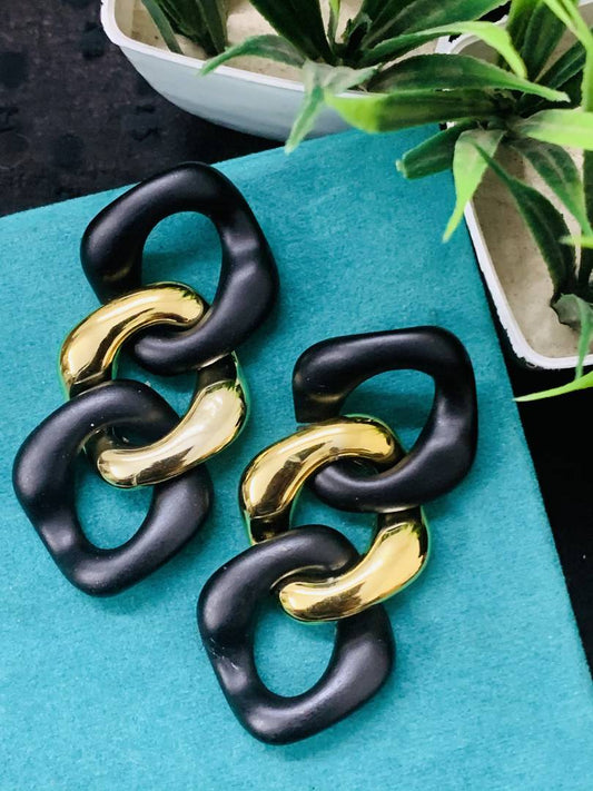 LARQ JEWELS Geometric Oval Black Golden Hollow out Long Chain Drop For Women And Girls Earrings