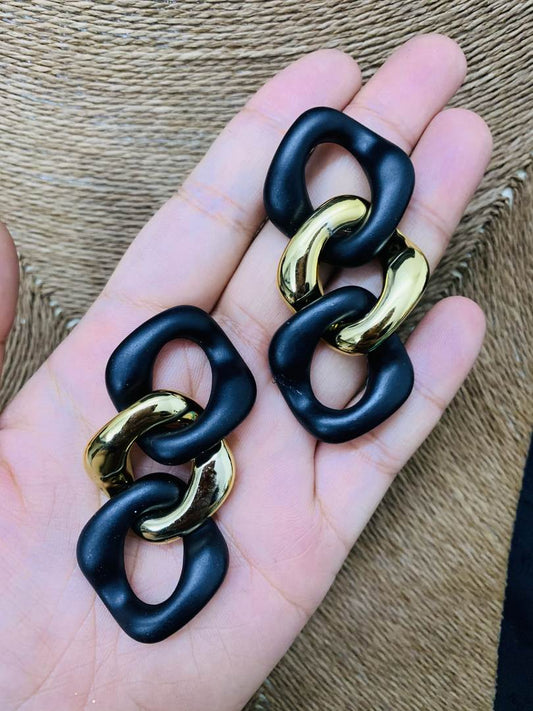 LARQ JEWELS Geometric Oval Black Golden Hollow out Long Chain Drop For Women And Girls Earrings