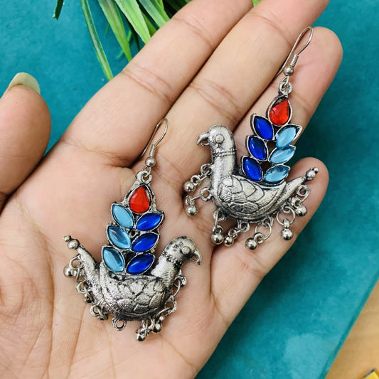 LARQ JEWELS Oxidised  Silver with Blue Red Stone Peacock Design Earrings