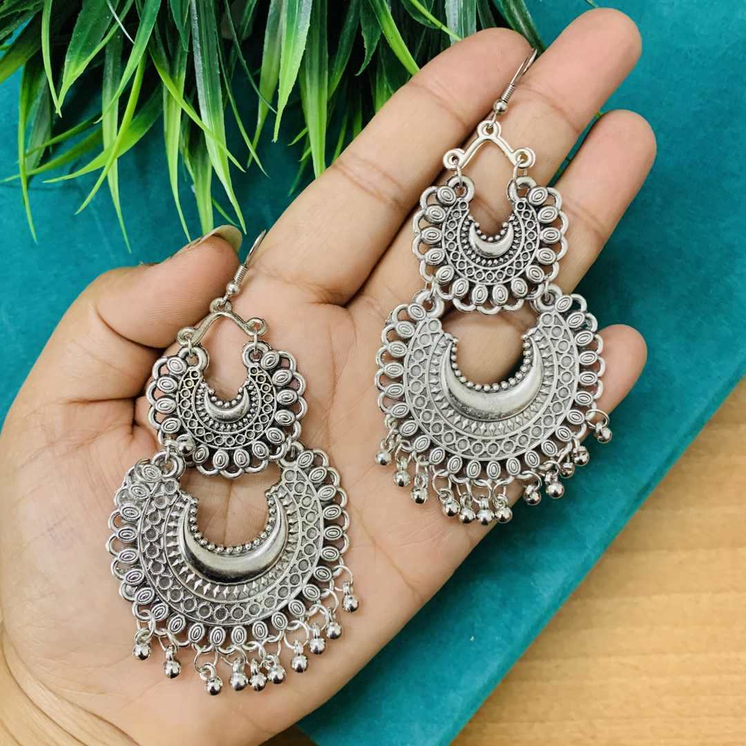 LARQ JEWELS German Oxidized Silver Afghani Double Linner Beads Party Wear Earrings