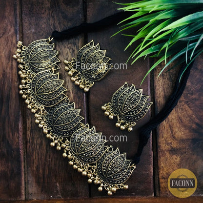 LARQ JEWELS Oxidized Silver Lotus Choker Necklace for women- GOLD