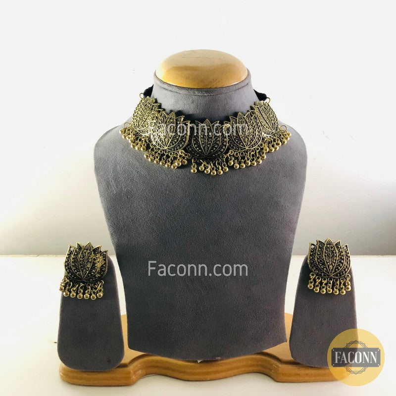 LARQ JEWELS Oxidized Silver Lotus Choker Necklace for women- GOLD