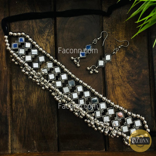 LARQ JEWELS Oxidized Silver Mirror Choker Necklace Set