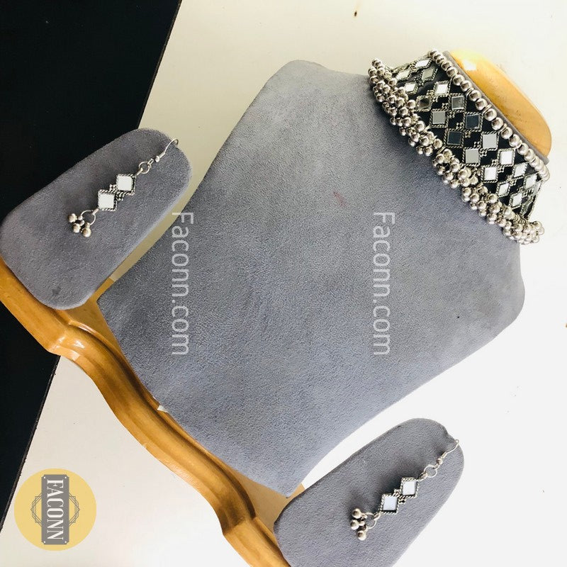 LARQ JEWELS Oxidized Silver Mirror Choker Necklace Set