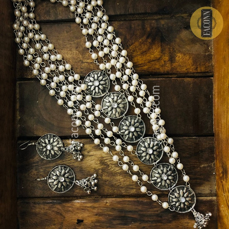 LARQ JEWELS German Silver Afghani Long Layered Chand Necklace Set