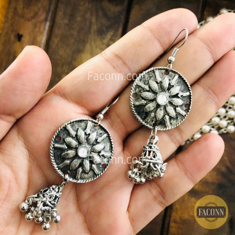 LARQ JEWELS German Silver Afghani Long Layered Chand Necklace Set