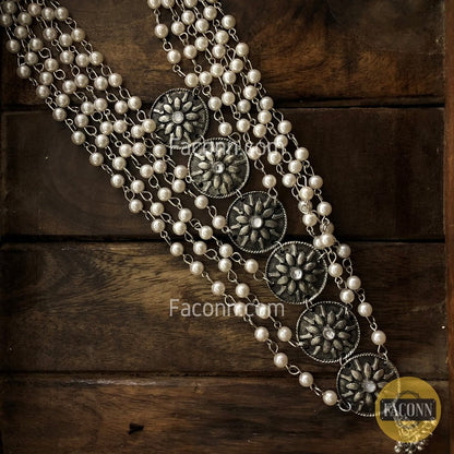 LARQ JEWELS German Silver Afghani Long Layered Chand Necklace Set