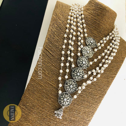 LARQ JEWELS German Silver Afghani Long Layered Chand Necklace Set