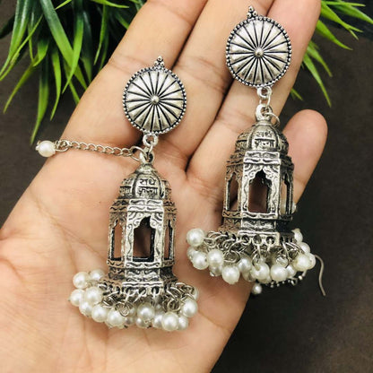 LARQ JEWELS Silver plated Brass Temple OXIDISED SILVER EARRINGS WITH HAIR ATTACHEMENT