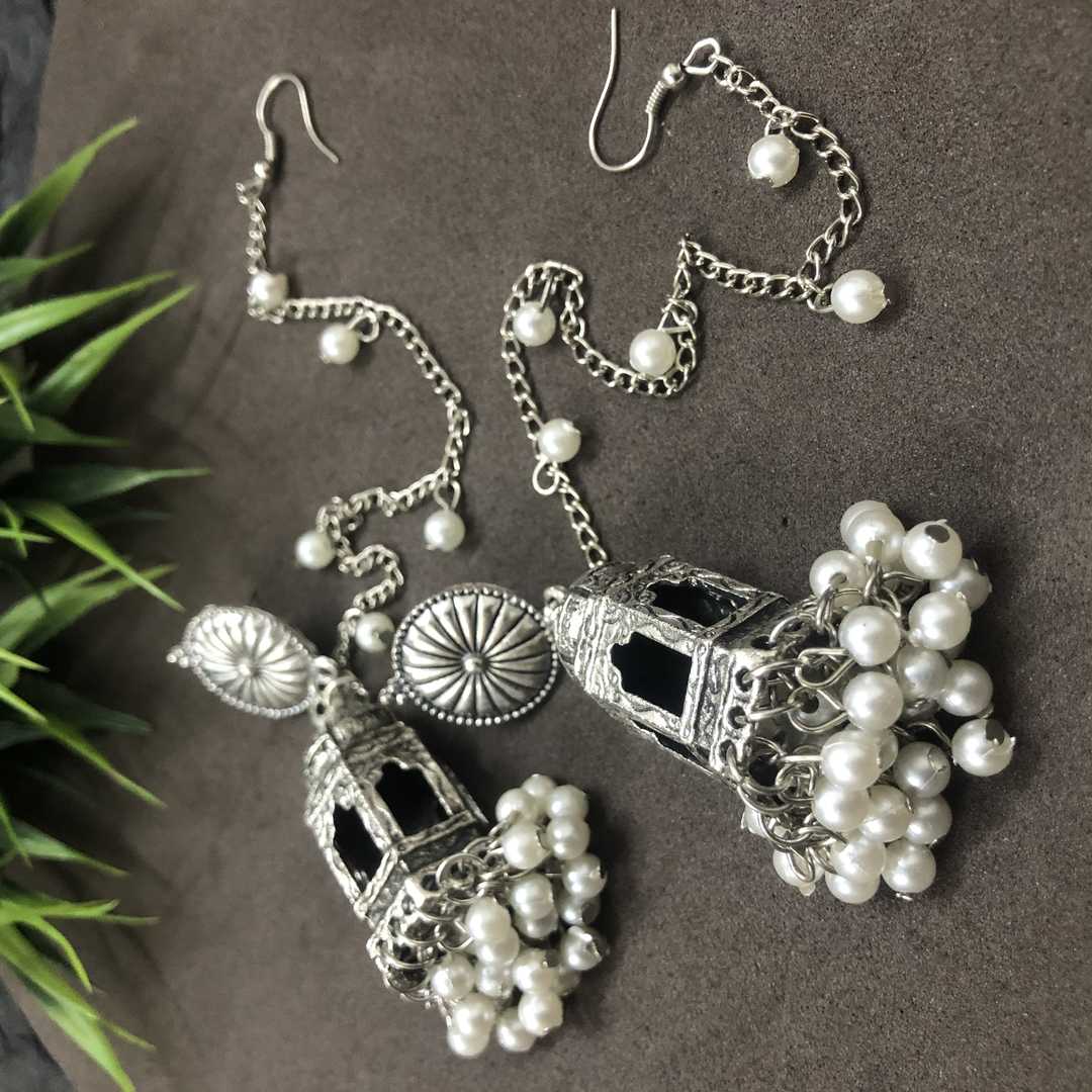 LARQ JEWELS Silver plated Brass Temple OXIDISED SILVER EARRINGS WITH HAIR ATTACHEMENT