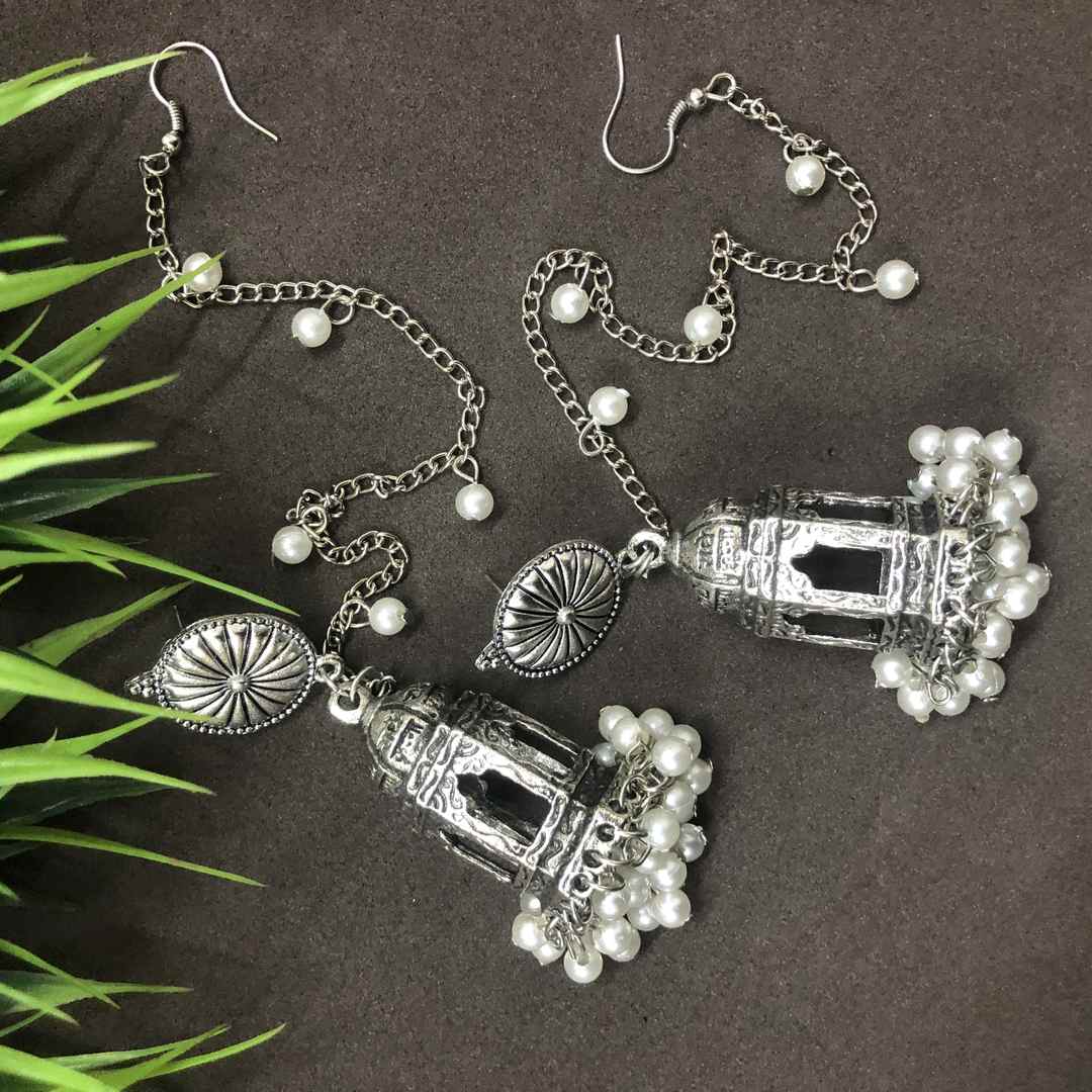 LARQ JEWELS Silver plated Brass Temple OXIDISED SILVER EARRINGS WITH HAIR ATTACHEMENT