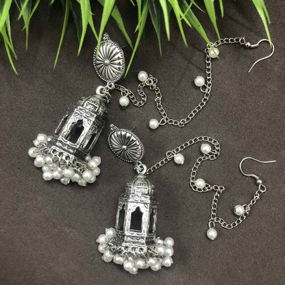 LARQ JEWELS Silver plated Brass Temple OXIDISED SILVER EARRINGS WITH HAIR ATTACHEMENT
