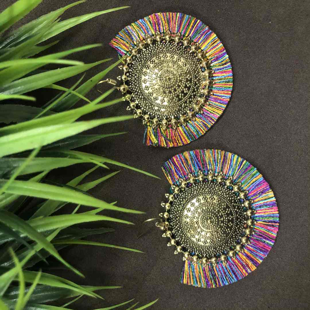 LARQ JEWELS Moonshape Chandbali Multicolor Thread Tassel Earrings