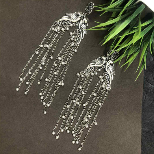 LARQ JEWELS Tribal Antique Oxidised Silver Look Alike Peacock Dangle Drop Earrings