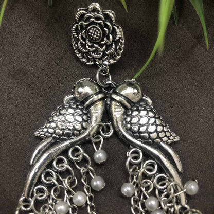 LARQ JEWELS Tribal Antique Oxidised Silver Look Alike Peacock Dangle Drop Earrings