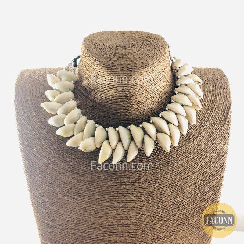 LARQ JEWELS Afghani  Shell Beads Silver Choker with Earrings