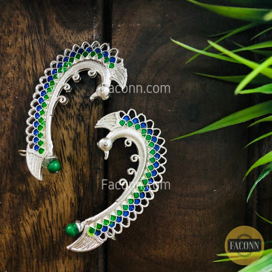 LARQ JEWELS Multicolor Peacock Styled Earcuff with Green pearl Pair