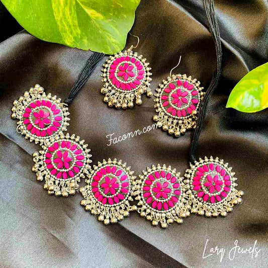 LARQ JEWELS Ethnic Silver Oxidized Studded Choker Necklace Set- PINK