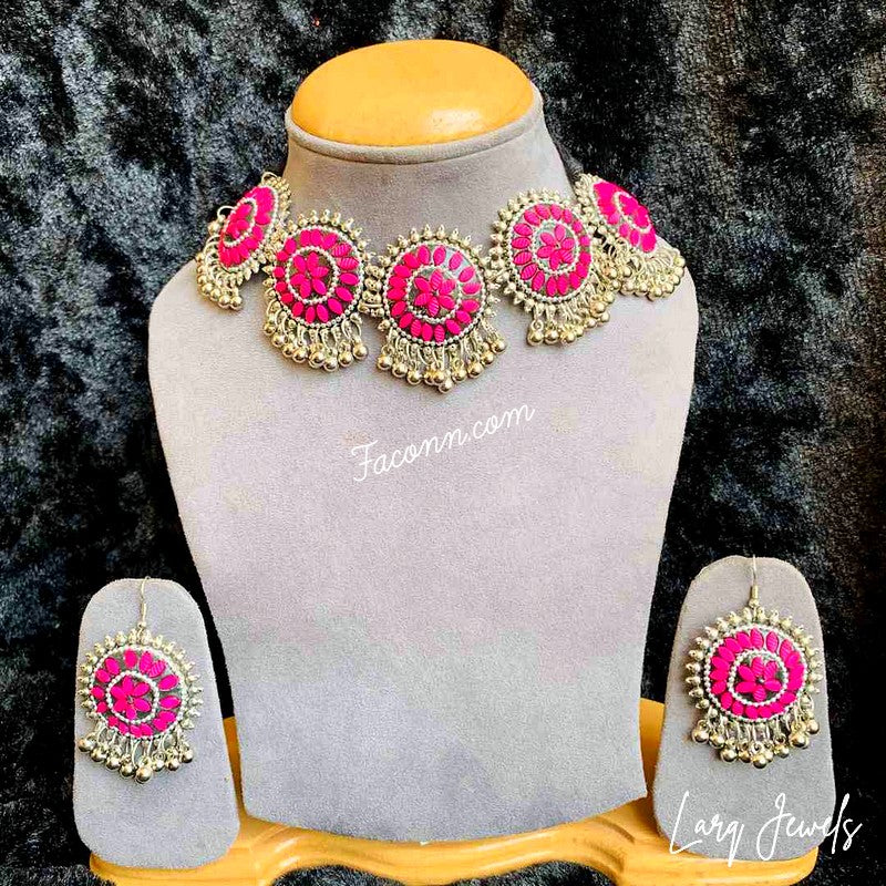 LARQ JEWELS Ethnic Silver Oxidized Studded Choker Necklace Set- PINK