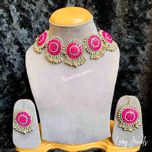 LARQ JEWELS Ethnic Silver Oxidized Studded Choker Necklace Set- PINK
