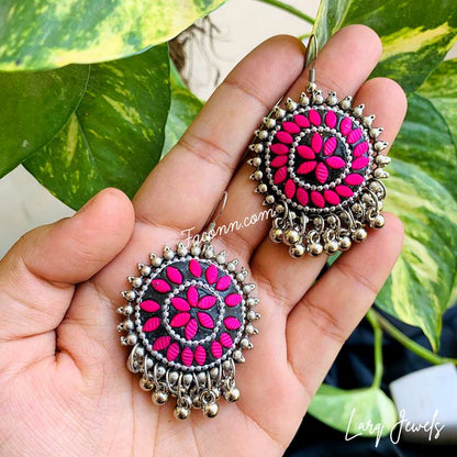 LARQ JEWELS Ethnic Silver Oxidized Studded Choker Necklace Set- PINK