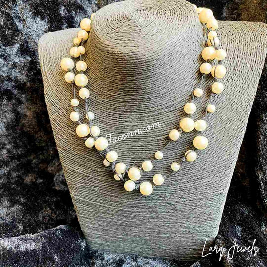 LARQ JEWELS Handmade Golden White Pearl Multi Strand Necklace