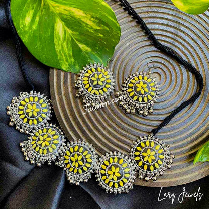 LARQ JEWELS Ethnic Silver Oxidized Studded Choker Necklace Set-YELLOW