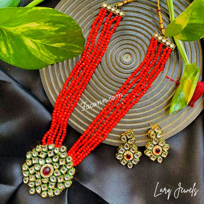 LARQ JEWELS Crystal Beads Ethnic Kundan Necklace And Earring Set For Women-RED